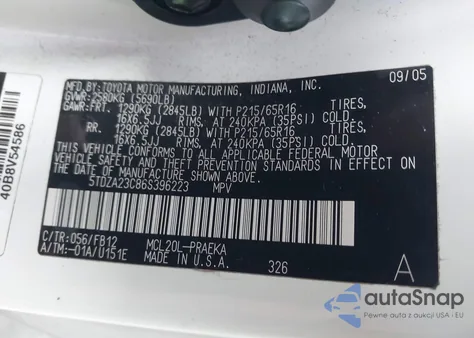 2006 Toyota Sienna Ce z USA, uszkodzony, nr VIN 5TDZA23C86S396223
